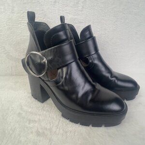 Zara Trafaluc Boots Womens Size 7.5 Black Platform Ankle‎ Lug Sole Buckle Heel